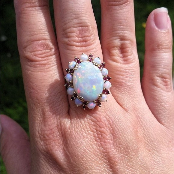 SOLD Estate 18k Opal Ruby Halo Ring - Picture 4 of 7